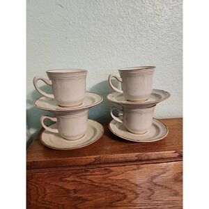 Hearthside Baroque 4 Cup and Saucer Sets Ivory With Brown Border Spring Garden